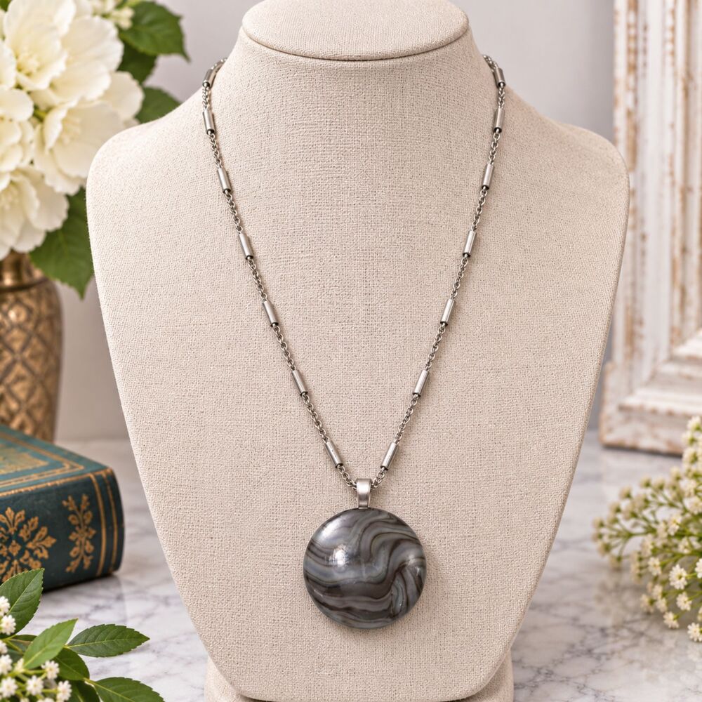 Art Glass Pendant Necklace Silver Tone Bar Rope Chain Earth Tone Swirl 20"